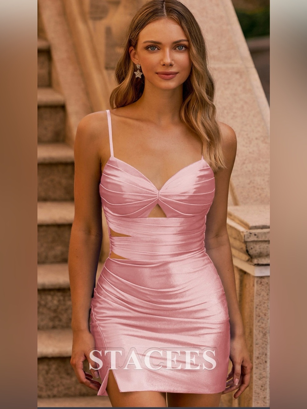 Stacees Pink Cutout Homecoming Dress